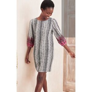 Garnet Hill Linen Market Shift Dress Sz S Geometric Balloon Sleeve Pleated